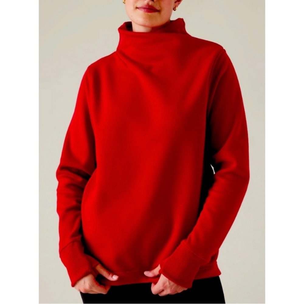 Athleta Cozy Karma Twist Neck Sweatshirt Red Funnel Neck Thumb Hole Size S